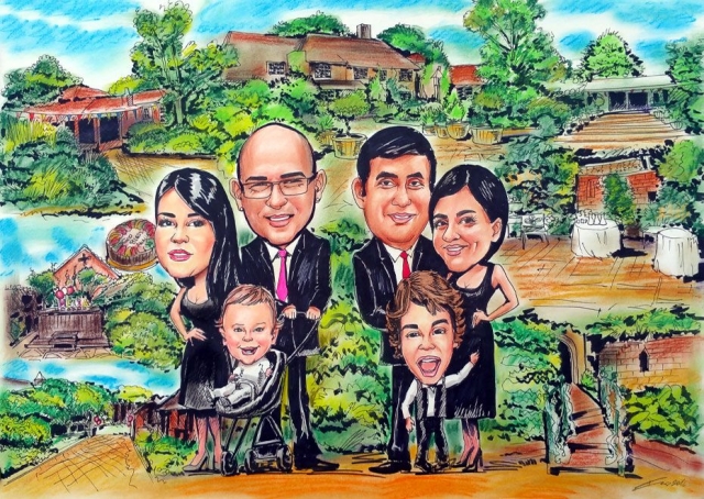 Caricature from photo of 2 families