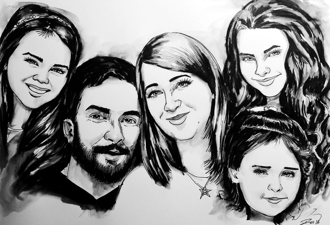 Caricature from photos of a family of 5