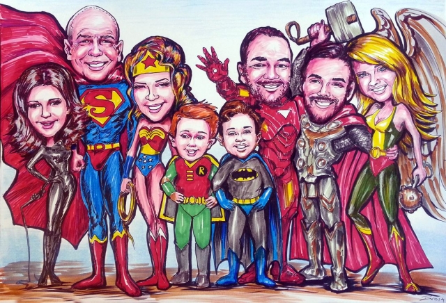 Caricature from photos of a family as heroes